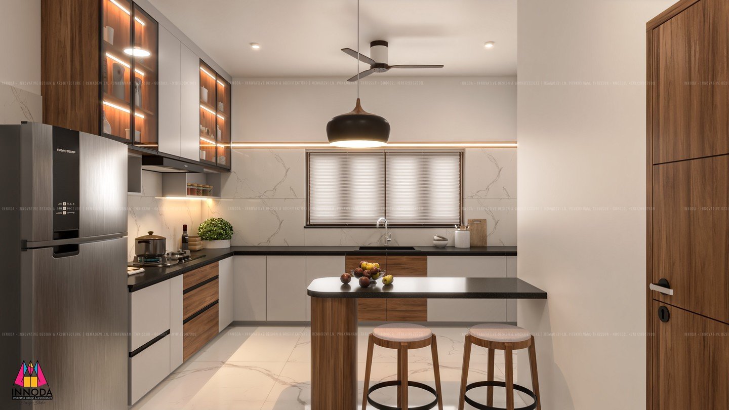 Modern open kitchen with glass display cabinets and marble island